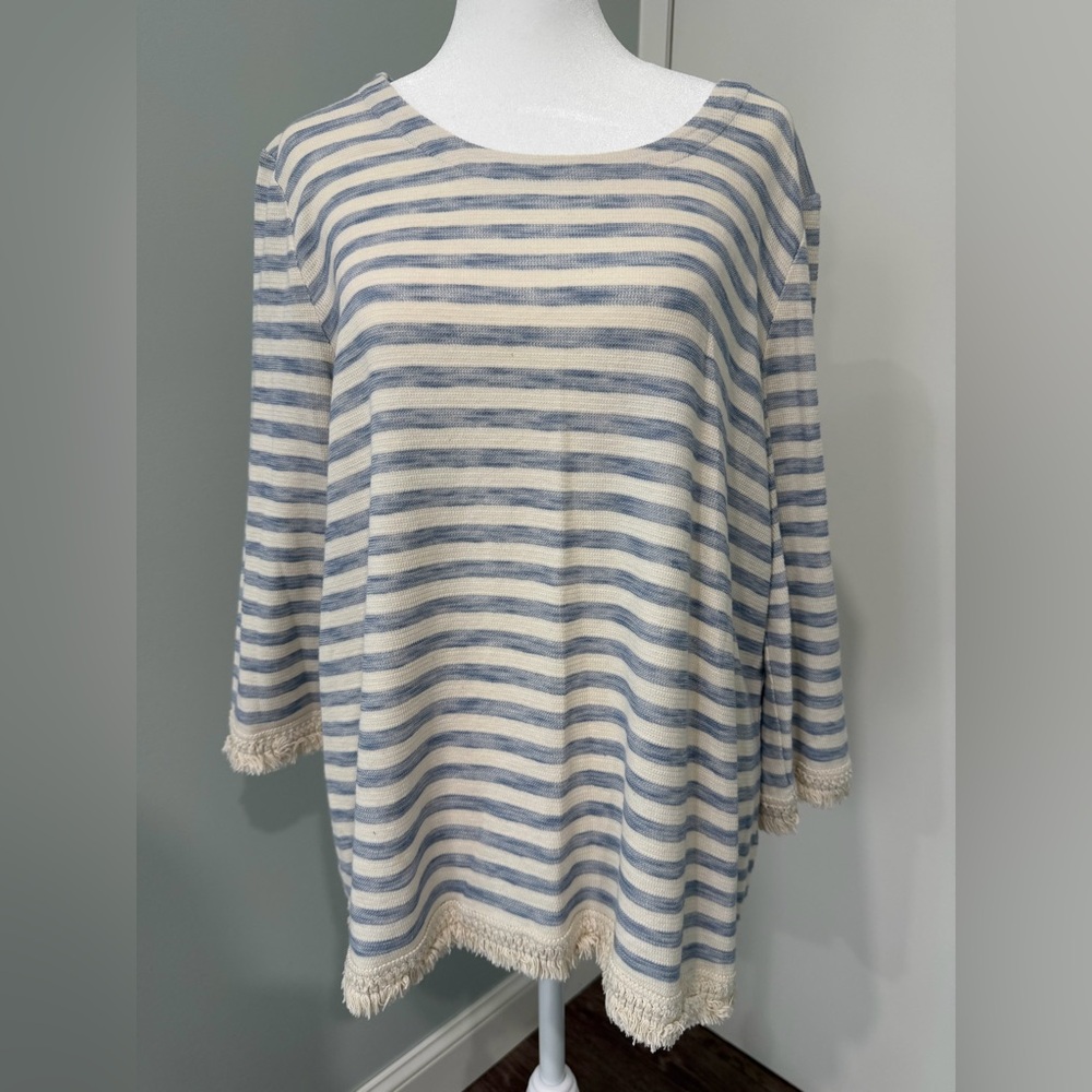 J. Jill Women's Blue Cream Striped Shirt with Fringe Hem 100% Cotton Size Large